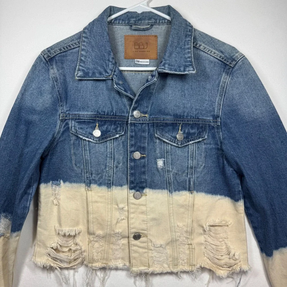 BBJ Los Angeles Denim Jacket‎ Blue White Distressed Cropped Jean Coat Sz Medium